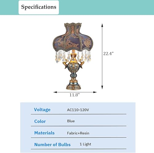 Miniatura 9 de Lámpara de mesa de tela azul, lámpara de escritorio decorativa de flores antiguas, luz nocturna de cristal para mesita de noche de dormitorio