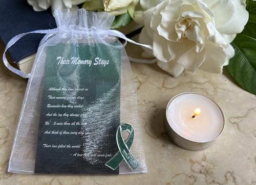 Image of 60 Set Funeral Ribbon Pins Memorial Pin Forever in Our Hearts Lapel Pin Remembrance Brooch with Prayer Cards & Organza Bags