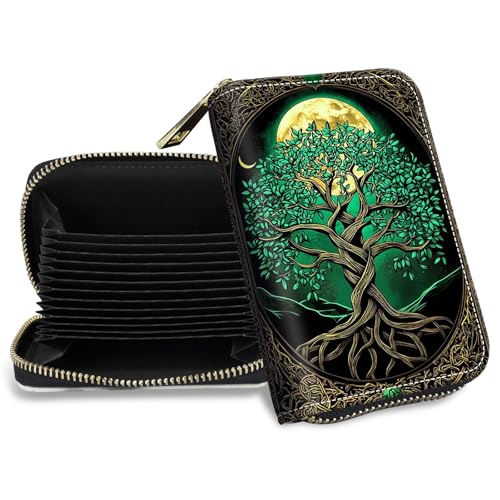 DHYYDSQZ Credit Card Holder with Zipper, Slim RFID Blocking Card Wallet for Women Men Tree Moon Design PU Leather Small Accordion Card Case Wallet, ID Card Organizer, Pocket Business Card Case