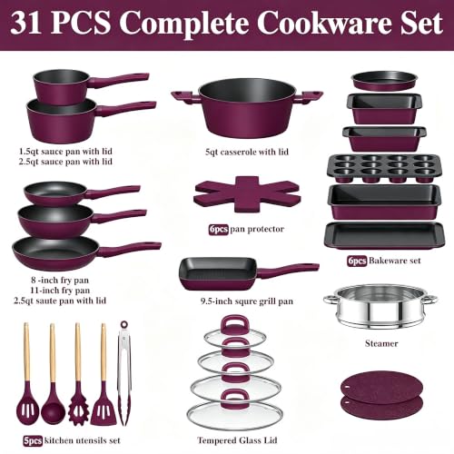Pots and Pans Set Nonstick, Umite Chef 31-Piece Induction Cookware & Bakeware Set with Frying Pans, Saucepans, Casserole, Steamer, Baking Set & Utensils, PFAS-Free Kitchen Starter Set (Purple) by Umite Chef - Used condition - Image 4