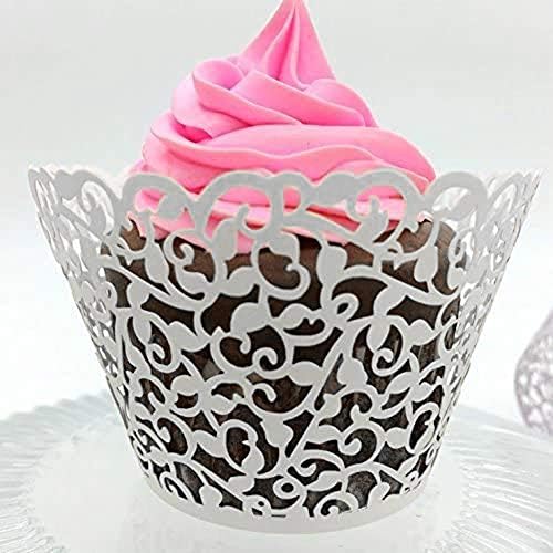 100 PCS Cupcake Wrappers, Cupcake Cases Artistic Bake Cake Paper Cups Lace Filigree Cupcake Liners Laser Cut Cupcake Muffin Cups for Wedding Party Birthday Decoration (White)