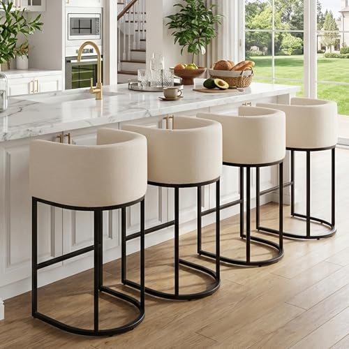 Image of HNY Cream Modern Barrel Counter Height Clearance Bar Stools Set of 3, 32 Inch Linen Kitchen Barstools with Back for Island, with Black Metal Tubular Frame