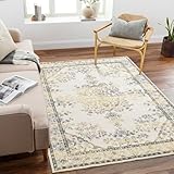 Carvapet Boho Vintage Floral Small Area Rug - 3' x 5', Indoor Washable Bedroom Rug with Non-Slip Backing, Throw Rug for Living Room, Kitchen, or Entryway(3x5,Yellow & Grey)