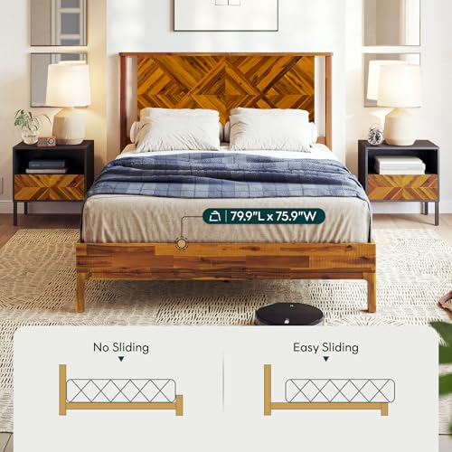 Image of Bme Ethan Queen Bed Frame with Diamond Headboard, Mid Modern, Solid Acacia Wood, No Box Spring Needed, Fits All Mattresses, Rustic Caramel