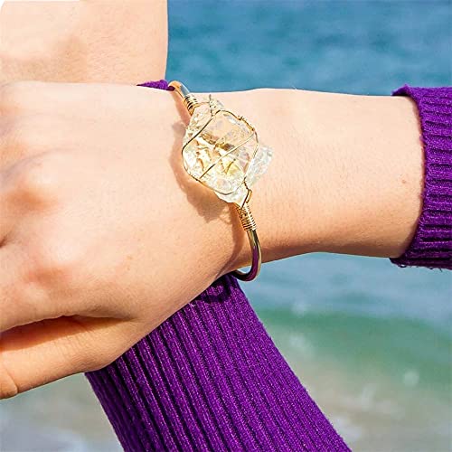 Colorful Bling Womens Golden Cuff Bangle Natural Healing Crystal Wrapped Adjustable Wide Irregular Crystal Quartz Gemstone Cuff Bracelet - Rose Quartz #TOP3
