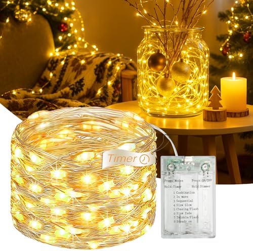 16FT 50 LED Fairy Lights Battery Operated with Timer, 8 Modes USB Mini Twinkle Light, Small String Lights for Tree Wreath Vase Bedroom DIY Holiday Wedding Party Decorations-Warm White
