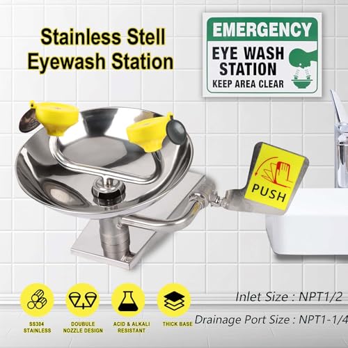 Image of Stainless Steel Eye Wash Station OSHA Approved, Eyewash Station, Wall Mounted First Aid Eye Wash with Dual Nozzles, Portable Eye Wash Station with Sign for Factory, Lab