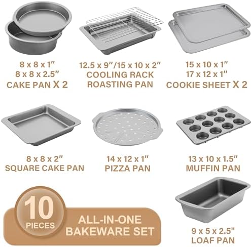 HONGBAKE Bakeware Sets, Baking Pans Set, Nonstick Oven Pan for Kitchen with Wider Grips, 10-Pieces Including Rack, Cookie Sheet, Cake Pans, Loaf Pan, Muffin Pan, Pizza Pan - Sliver