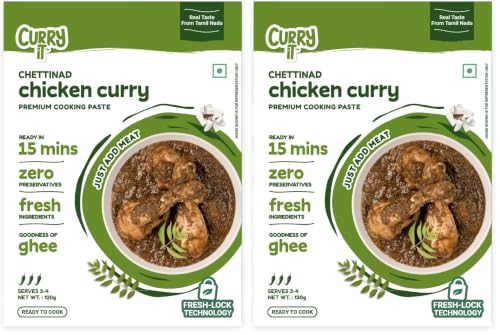 Image of CURRYiT Chettinad Chicken Curry Paste | Ready to Cook in 15 mins | Just add Fresh Mutton, Meat, Fish | Goodness of Ghee | No Preservatives | Eat with Chawal Roti | Indian Masala Gravy 120g (Pack of 2)