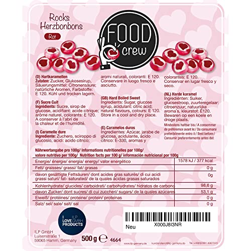 FOOD crew 500g Herzbonbons einzeln verpackt Rot - Rocks Bonbons - Hochzeitsbonbons für Gäste - Tischdeko zu Hochzeit Taufe Valentinstag Muttertag Kommunion - Bonbons Herzen - Herzbonbons Hochzeit