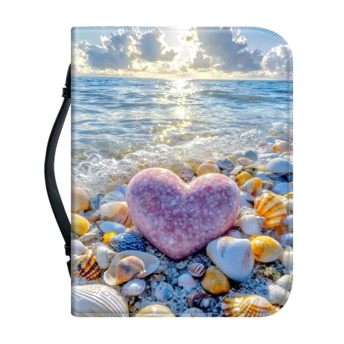 RMJKXQZG Leather Bible Cover Case with Zipper for Women 12.2 * 9.06 * 2.76, Bible Bag Carrying Case with Handle Pen Slots Study Bible Supplies, Ocean Beach Pink Heart Seashell