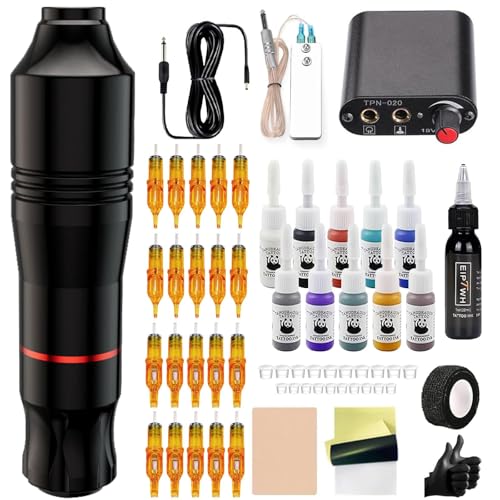 FONPOO maquina de tatuar kit completo, máquina de tatuar para principiantes, kit tatuaje completo con 20 agujas de cartucho y 10 colores de tinta de tatuaje