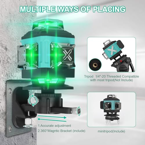 Kreuzlinienlaser Grün 16 Linien, 4 x 360 °Laser Wasserwaage Selbstnivellierend, Linienlaser kreuzlaser Baulaser für für Konstruktion und Ausrichtun, 2 Akkuse,Einstellbare Helligkeit,Fernkontrolle