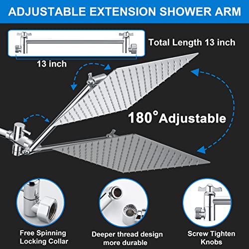 12"High Pressure Rainfall Shower Head With Handheld Spray Combo, Square Waterfall Shower Heads, 5Settings Chrome Showerhead Spray With Holder, 13"Adjustable Extension Arm, 59"Stainless Steel Hose #TOP5
