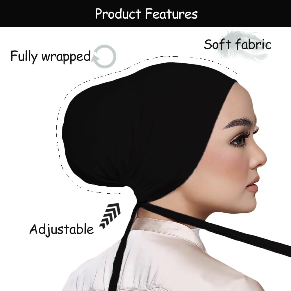 Women Under Scarf Hat Hijab Undercap Islamic Muslim Under Scarf Hijab Cap with Tie-Back Closure