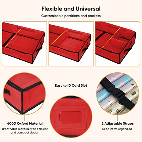 Baleine Christmas Wrapping Paper Storage Organizer With Flexible Partitions And Pockets, 40" Durable 600D Oxford Fabric Gift Wrap Storage Bag Fits Ribbon, Ornaments, Holiday Accessories (Red) #TOP2