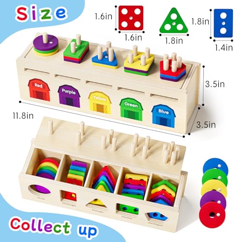 Image of Montessori 4 in 1 Wooden Sorting Shape Sorter and Stacking Toy Box Color Matching Counting Fishing Game Preschool Educational Toys for 3 Years Boys and Girls Gifts