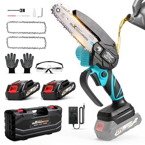 maXpeedingrods Mini Chainsaw Cordless, 6 inch Chainsaw Handheld Power Chain Saws with 2 Batteries, 3 x Durable Chains, Electric Chainsaw Lightweight Handheld Saw for Tree Trimming, Wood Cutting, Blue