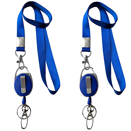 2 Lanyards + 2 Retractable Badge Reel With Clip And Key Ring For Id Card Holders (Blue) #TOP2