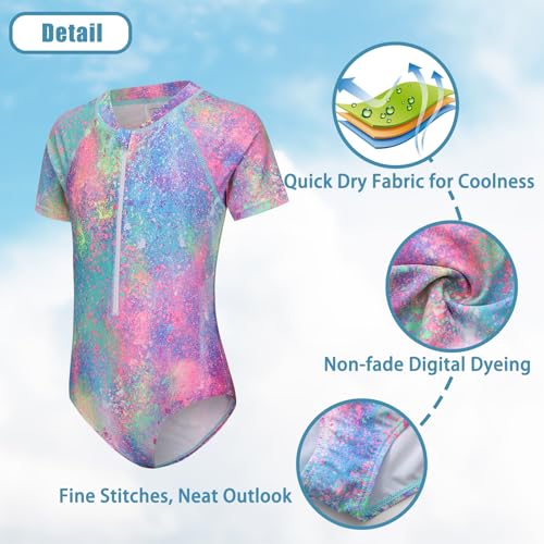 Image of Girls One Piece Rash Guard Swimsuits for Kids Girls Short Sleeve Bathing Suits with Front Zipper Swimwear 3-16 Years