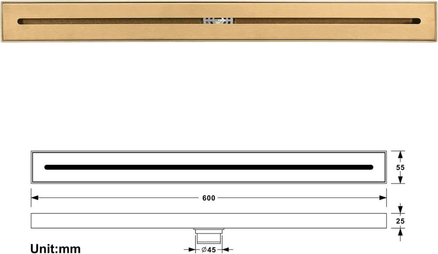PROPFE Linear Shower Drain, 600 * 55mm Stainless Steel Floor Drain, Shower Drain with Removable Grate, Hair Strainer, High Displacement, Rectangular Shower Drain,Rose Gold