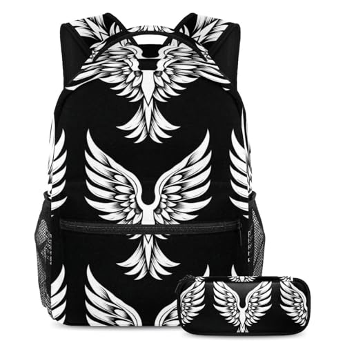Ailes d'ange noir sac à dos grand modèle avec cartable et trousse aux finitions soignées