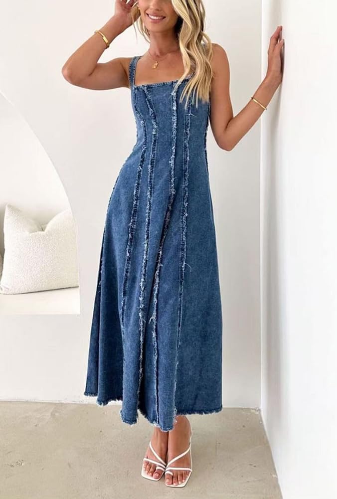 chouyatou Women's Adjustable Spaghetti Strap Maxi Long Denim Dress A-Line Swing Distressed Jean Sun Dress - Image 4