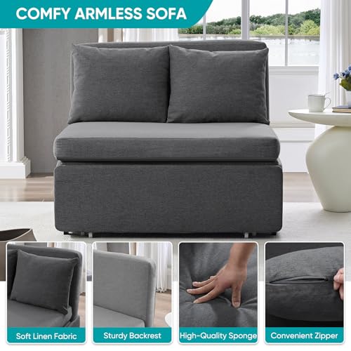 Image of BALUS 43 inch W Pull Out Sofa Bed Sleeper Couch with Pullout Beds, Convertible 2 in 1 Linen Single Sleepers Sofas Chair with Pillows and 3.9 inch Foldable Mattress for Small Space Apartment Loft, Dark Grey