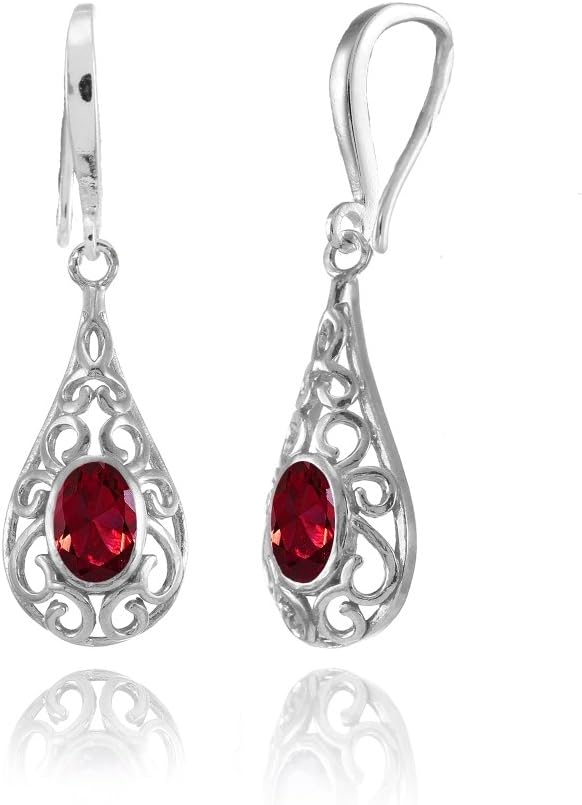 Sterling Silver Genuine, Simulated, or Created Gemstone 6x4mm Oval Filigree Teardrop Dangle Earrings