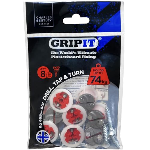 Gripit-Red/18mm-Pack of 8 16 mm Red Fixings with 5.0 x 30 mm Screws (Pack of 8), 8-pk, 8 Count