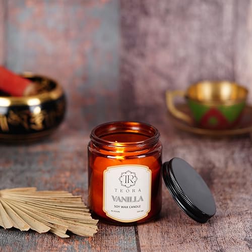 Image of Teora By Bindian Luxury Soy Wax Scented Candles in Amber Glass Jars | 220g Each | 45H Long Burn Time | Natural Smokeless Wax for Home Decor, Spa & Aromatherapy (Vanilla)