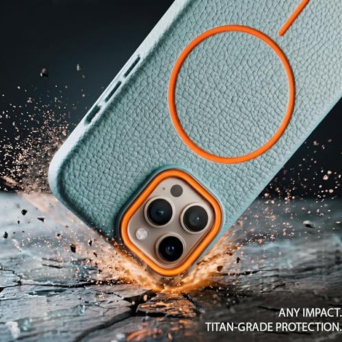 Image of amazon basics Luxury MagSafe Compatible Leather Texture Back Cover for iPhone 13 Pro | Raised Camera Protection | Slim Fit Shockproof Case with Metallic Accents (Light Blue)