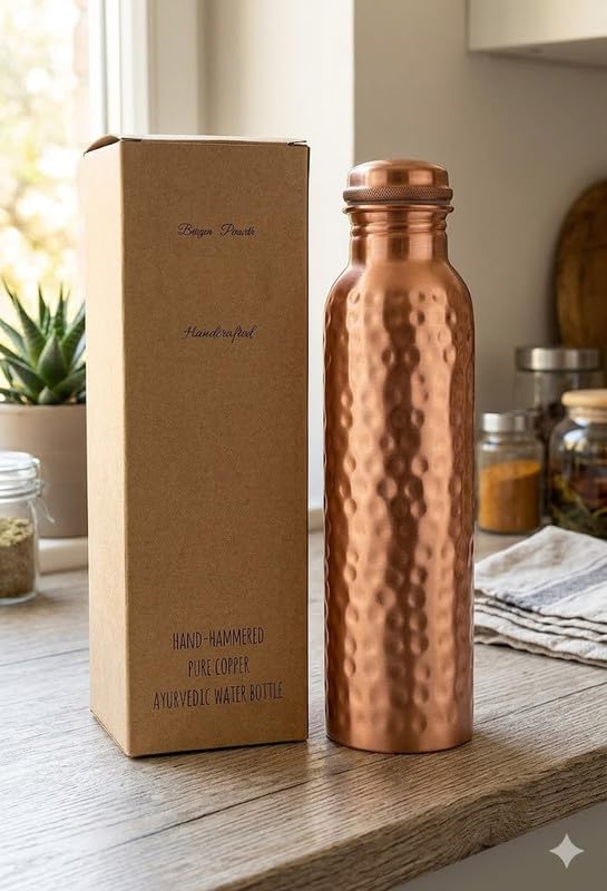 Hammered Copper Water Bottle 1 Litre – Ayurvedic Pure Copper Barrel Design, Extra Large Leakproof Bottle for Daily Hydration, Supports Wellness, Stylish & Durable Reusable Drinking Bottle