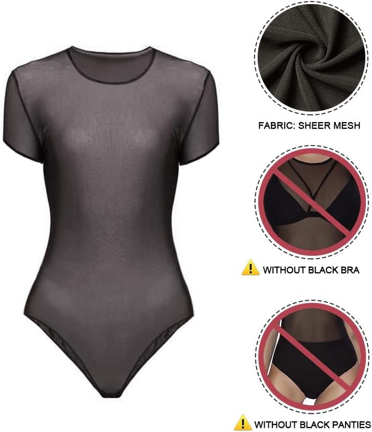 MANGOPOP Women's Mesh Bodysuit Sheer Geo Print Short Sleeve Long Sleeve Body Suit Sexy See Through Shirt Tops - Image 6