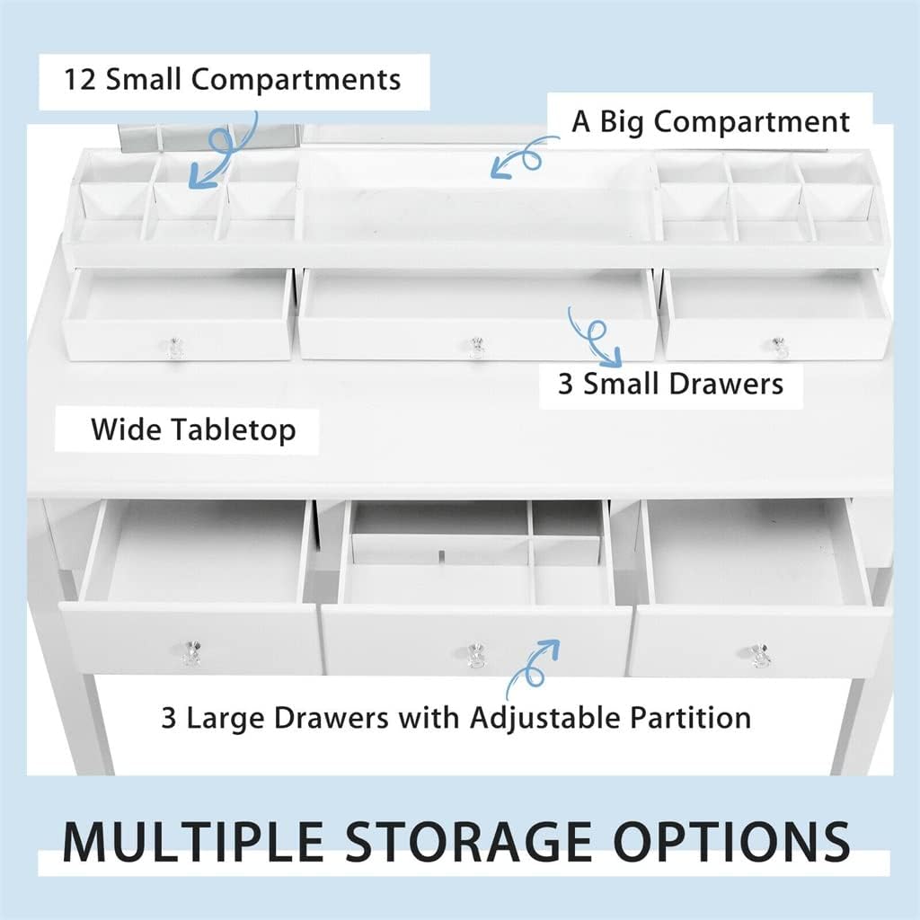 Dresser Stool Set Large Three Folding Lighted Mirror 6 Drawer Dressing Table Bedroom Furniture (Color : D, Size : As Shown)