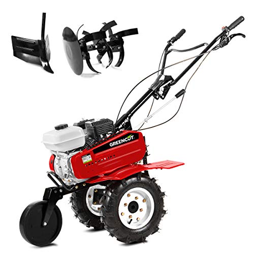 GREENCUT GTC300X - Motoazada de gasolina con motor de 4 tiempos 208cc y 7cv con ancho de trabajo 85cm, 3 marchas con ruedas y asurcador