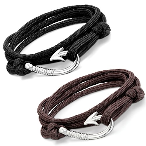 Aroncent 2Pcs Fish Hook Bracelet Leather Nylon Braided Wrap Rope Bracelet For Men Wristband Anchor Bracelet Nautical Bracelets For Men Women 8.5-10.5 Inches #TOP6