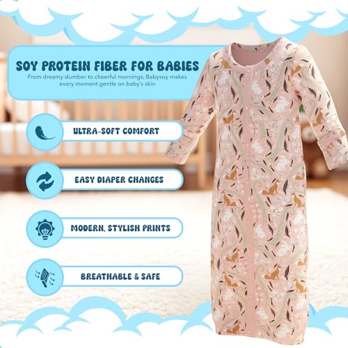 Image of Babysoy Baby Long Sleeve Gown Sleep Sack | Made with Organic Cotton & Azlon from Soy | Ultra Soft Nightgown for Easy Diaper Changes | Modern Prints, Reversible Mittens (12-18 Months,Fox /Peony)