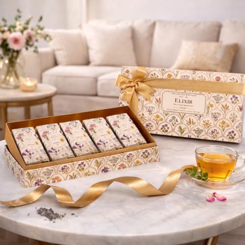 Image of SAN-CHA Tea Boutique, Elixir Selection, Tea Gift Box, 5 Immunity Boosting Teas- Lavender, Rose, Turmeric, Tulsi & Moroccan Mint, Tea Gifting, Tea Gift Hamper, 125 Gram