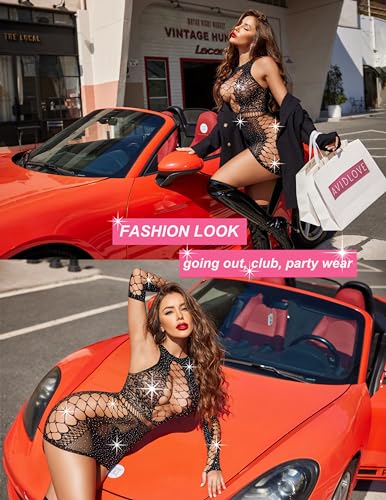Image of Avidlove Fishnet Lingerie Womens Mesh Chemise One Piece Babydoll Mini Dress Lace Sparkle Rhinestone Lingeries for Women