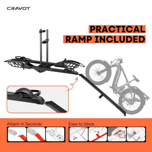 Image of CRAVOT CyberRack E2 EBike Rack with Ramp for 2 EBikes,200lbs Capacity | Ebike Carrier Foldable Platform Mount, Up to 5-inch Fat Tire Bicycle for 2'' Receiver Cars Trucks SUVs Minivans Trailer