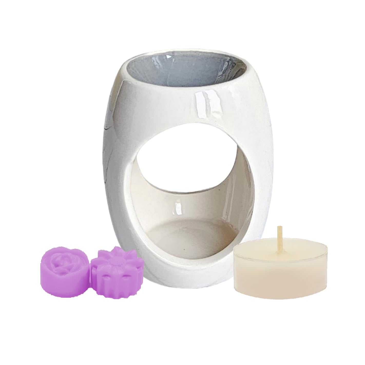 Medium Grey/White Oval Cutout Ceramic Oil Burner Wax Melter Starter Gift Set with Two Assorted Highly Scented Soy Wax Melts and One Unscented Soy Wax Tealight Candle