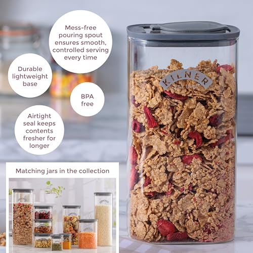Image of Kilner 3 Litre Glass Cereal Dispenser | Storage Jar with Airtight Glass & Silicone Lid | Easy-Pour Spout for Mess-Free Serving | Food Dispenser for Cornflakes, Beans, Granola and Pet Food