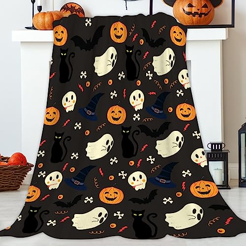 JOOCAR Flannel Throw Blanket - 150x200 cm Halloween Pumpkin Ghost Black Bat Spooky Witch Hat Cats Cozy and Soft Plush Warm Blankets for Bed Couch Living Room Sofa Chair