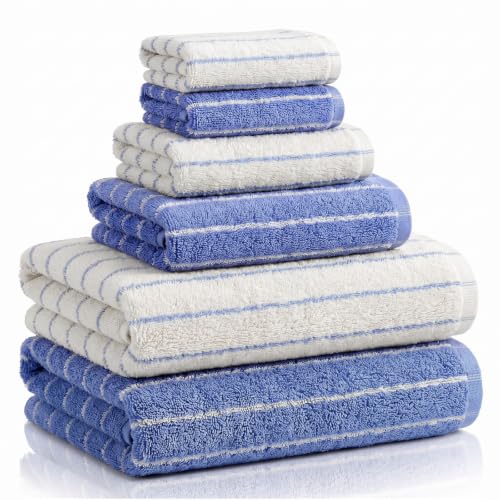 Hillsuren 6 Pcs Large Bath Towels Set 28x55 Inch Cotton Towel, Blue, White