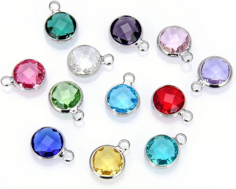 Adabele 1 Set Grade A Mixed Dangle Birthstone Charm 6mm Small Crystal Bead Sterling Silver Plated (12pcs) For DIY Craft Jewelry Making CCP20