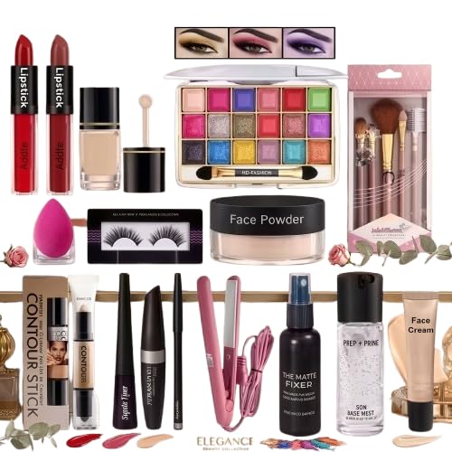 Premium All-in-One Makeup Kit & Hair Styling Combo for Women | Complete Cosmetics Gift Set with 18-Color Eyeshadow Palette, Liquid Foundation, Face Powder, Contour Stick, Lipsticks, Eyebrows, Eyelashes, Brush Set, and Mini Hair Straightener-picture-41