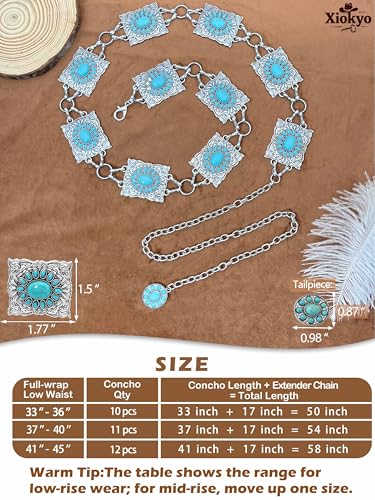 Image of Turquoise Belt Silver Western Chain Belt, Cowgirl Concho Style with Turquoises Embellishment for Women (Silver - Square Turquoise, Fits low waist 46-50''(59'' total))