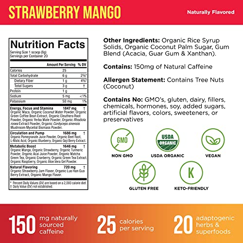 Organic Muscle Organic Pre Workout Powder For Men & Women - Vegan & Plant Based Superfood Energy Powder For Endurance, Strength, Stamina, & Focus - Strawberry Mango, 160Mg Natural Caffeine, 20 Serv #TOP3