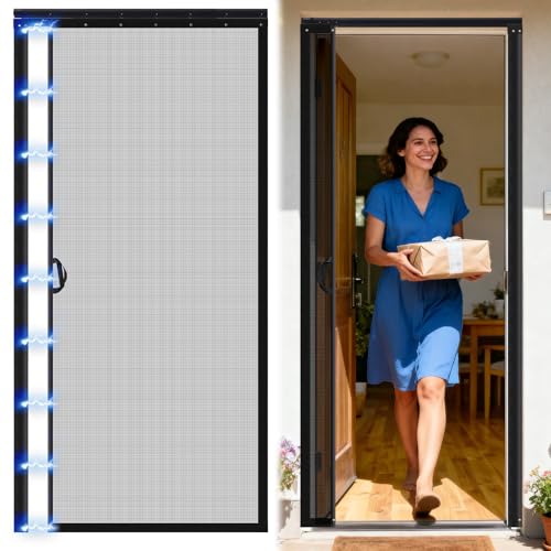 Beeveer Retractable Screen Door with Sliding Track Fits Door Size 36 x 82 (Curtain Size 38 x 83) Pet Friendly Magnetic Fiberglass Mesh Screen for Patio French Sliding Doors Weighted Bottom